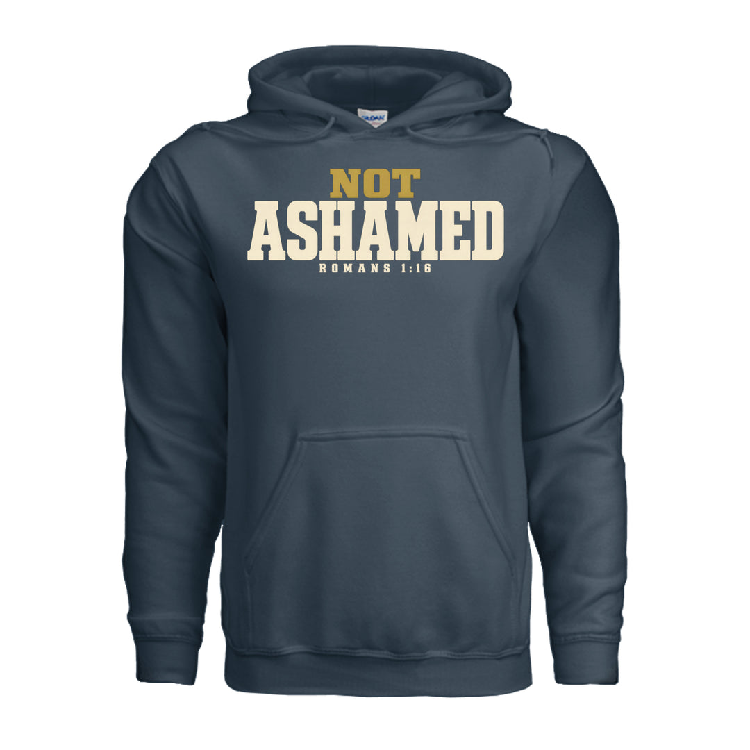 Not Ashamed Hoodie in Blue Dusk, front with gold and ivory Romans 1:16 design by Stone &amp; Sling