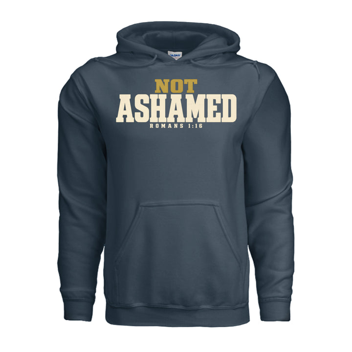 Not Ashamed Hoodie in Blue Dusk, front with gold and ivory Romans 1:16 design by Stone &amp; Sling