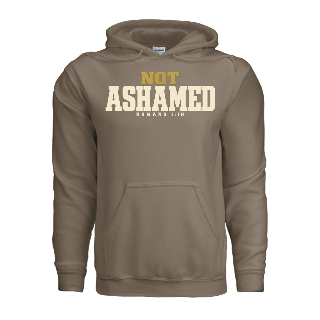 Not Ashamed Hoodie in Brown Savana, front with gold and ivory Romans 1:16 design by Stone &amp; Sling