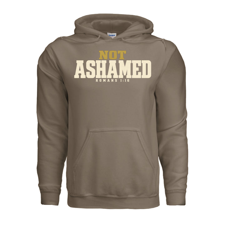 Not Ashamed Hoodie in Brown Savana, front with gold and ivory Romans 1:16 design by Stone &amp; Sling