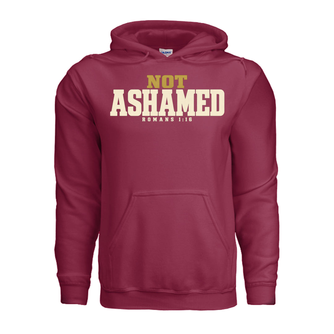 Not Ashamed Hoodie in Cardinal, front with gold and ivory Romans 1:16 design by Stone &amp; Sling
