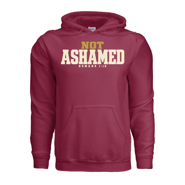 Not Ashamed Hoodie in Cardinal, front with gold and ivory Romans 1:16 design by Stone &amp; Sling