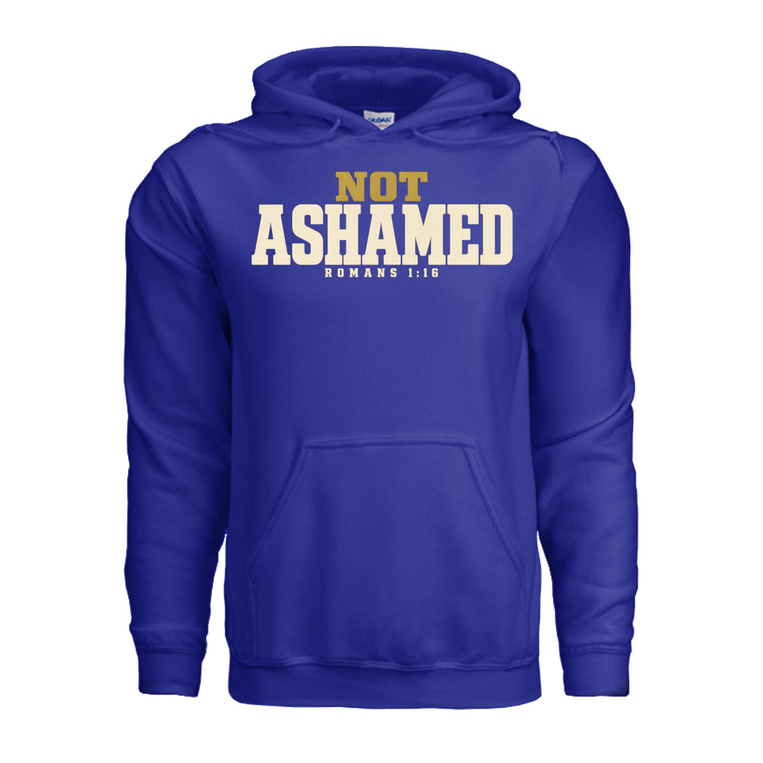 Not Ashamed Hoodie in Cobalt, front with gold and ivory Romans 1:16 design by Stone &amp; Sling