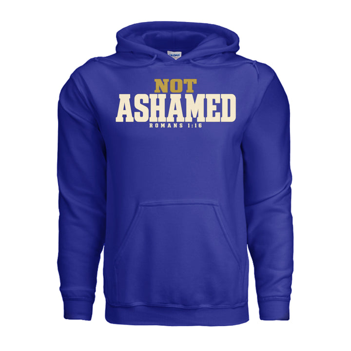 Not Ashamed Hoodie in Cobalt, front with gold and ivory Romans 1:16 design by Stone &amp; Sling