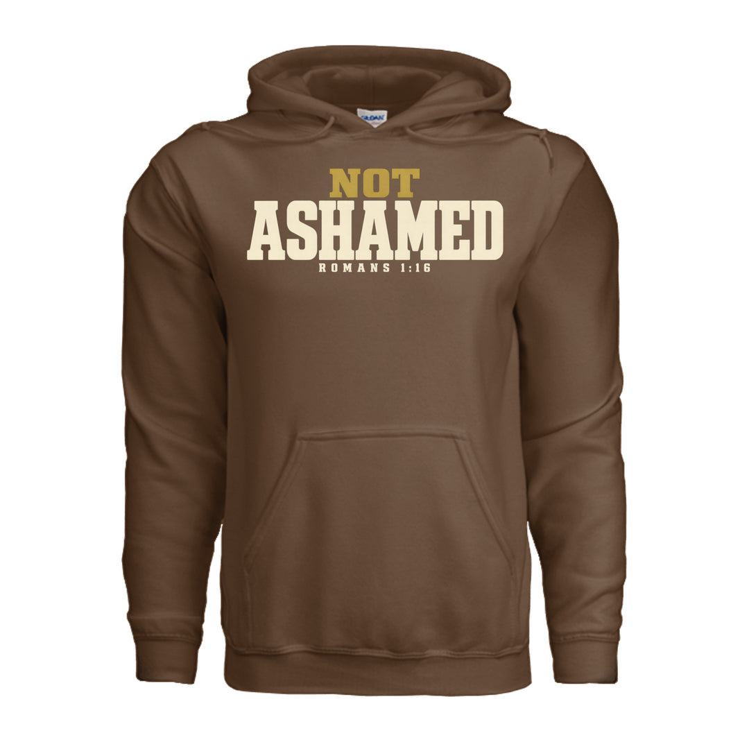 Not Ashamed Hoodie in Cocoa, front with gold and ivory Romans 1:16 design by Stone &amp; Sling
