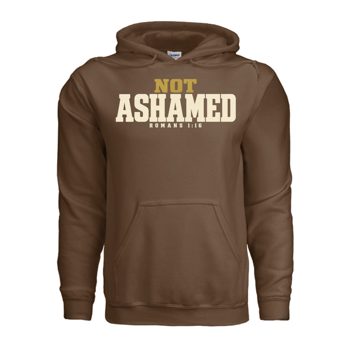 Not Ashamed Hoodie in Cocoa, front with gold and ivory Romans 1:16 design by Stone &amp; Sling