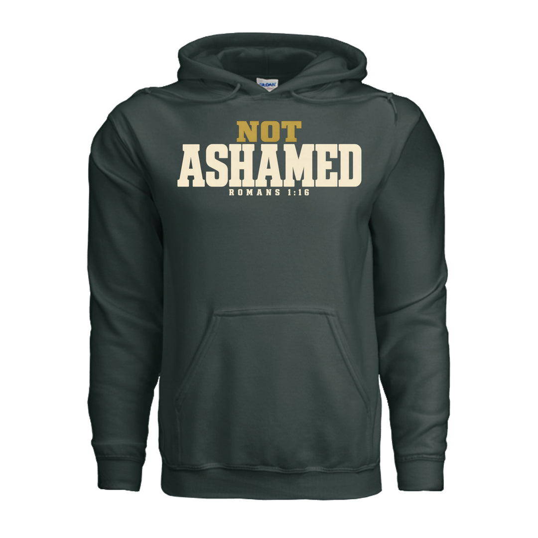 Not Ashamed Hoodie in Forest Green, front with gold and ivory Romans 1:16 design by Stone &amp; Sling