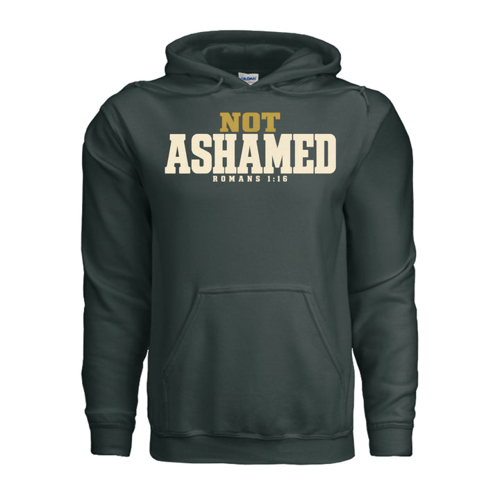 Not Ashamed Hoodie in Forest Green, front with gold and ivory Romans 1:16 design by Stone &amp; Sling