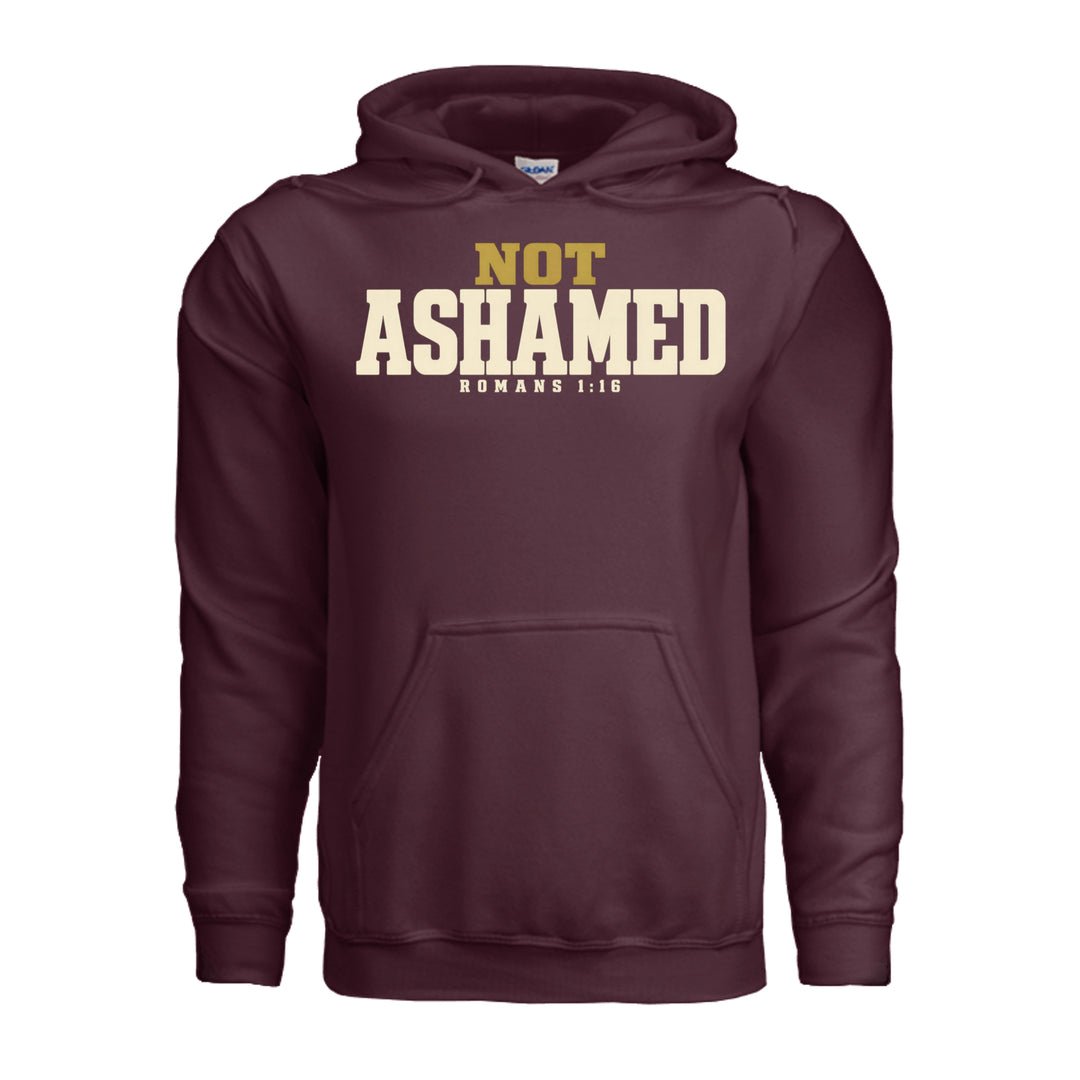 Not Ashamed Hoodie in Maroon, front with gold and ivory Romans 1:16 design by Stone &amp; Sling