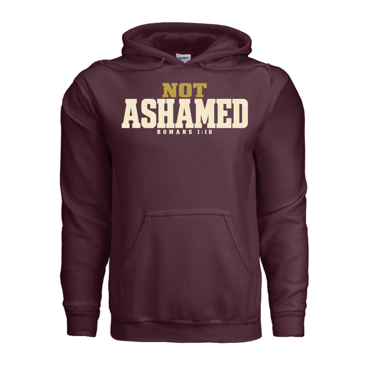Not Ashamed Hoodie in Maroon, front with gold and ivory Romans 1:16 design by Stone &amp; Sling