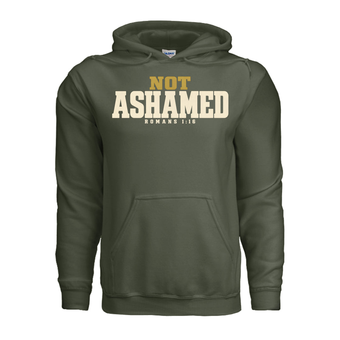 Not Ashamed Hoodie in Military Green, front with gold and ivory Romans 1:16 design by Stone &amp; Sling