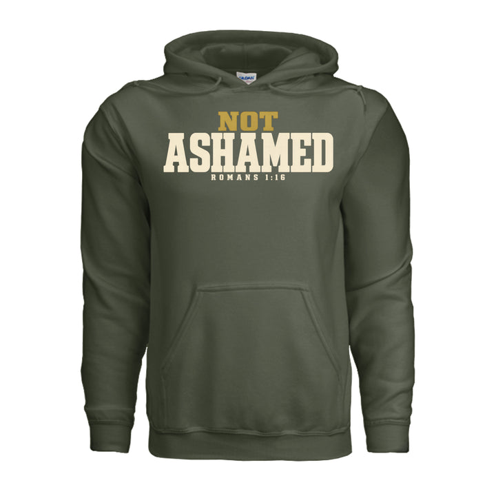 Not Ashamed Hoodie in Military Green, front with gold and ivory Romans 1:16 design by Stone &amp; Sling