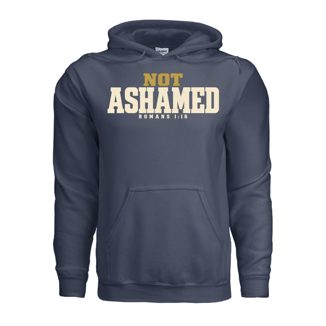 Not Ashamed Hoodie in Navy, front with gold and ivory Romans 1:16 design by Stone &amp; Sling