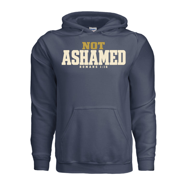 Not Ashamed Hoodie in Navy, front with gold and ivory Romans 1:16 design by Stone &amp; Sling