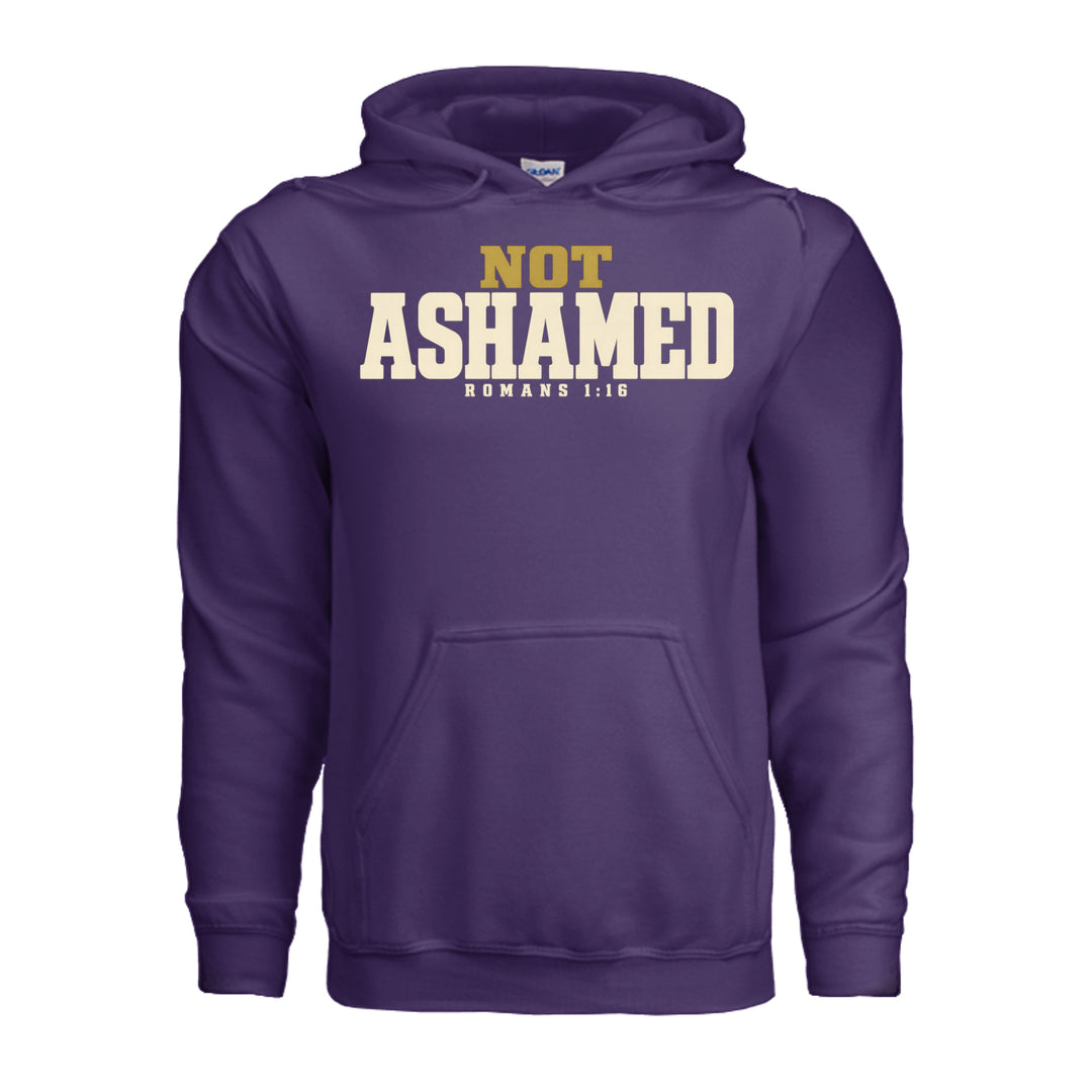 Not Ashamed Hoodie in Purple, front with gold and ivory Romans 1:16 design by Stone &amp; Sling