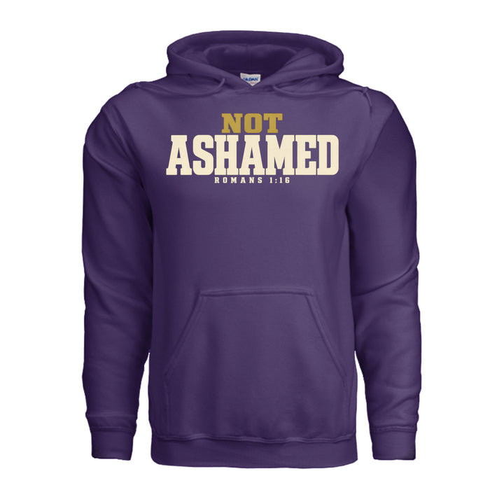 Not Ashamed Hoodie in Purple, front with gold and ivory Romans 1:16 design by Stone &amp; Sling