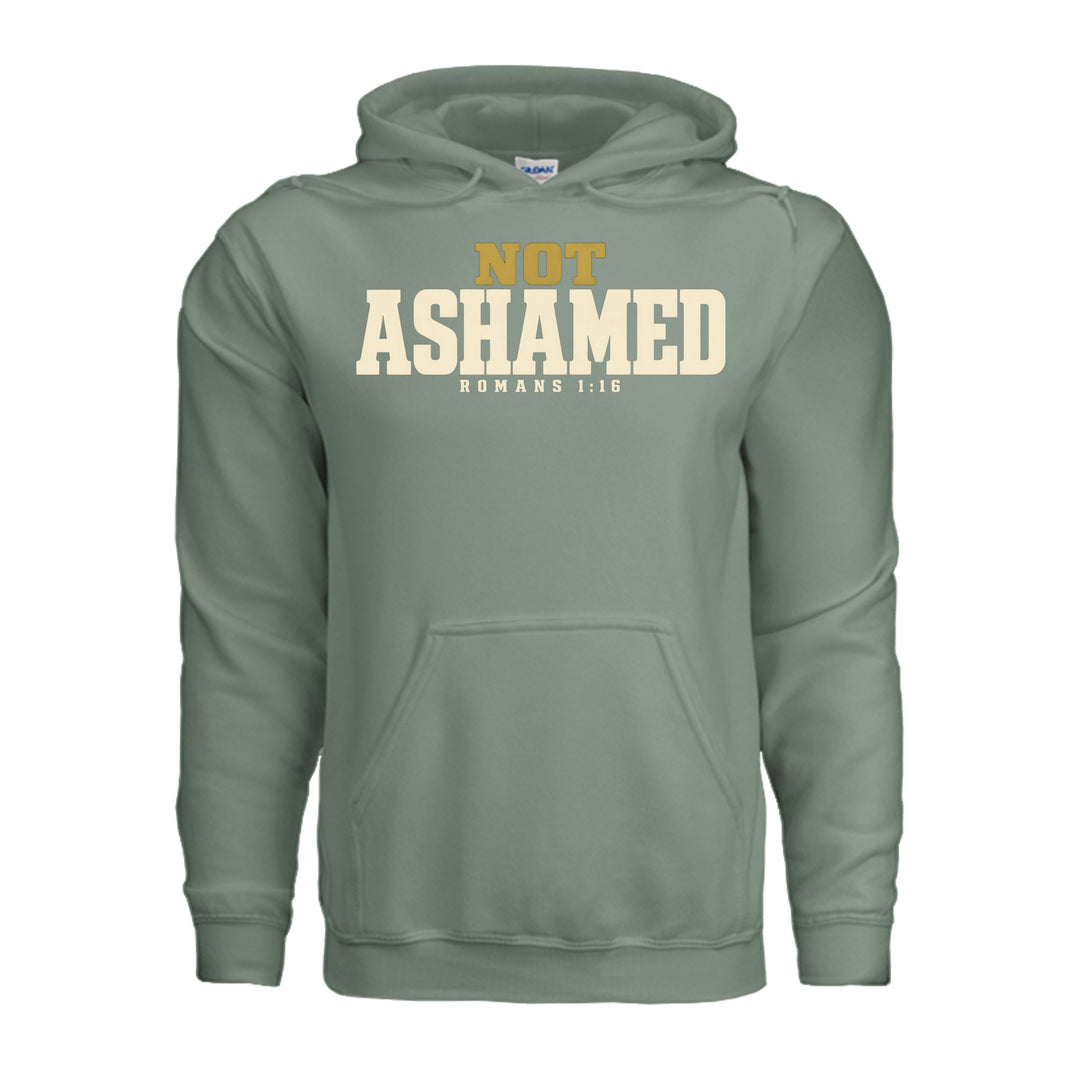Not Ashamed Hoodie in Sage, front with gold and ivory Romans 1:16 design by Stone &amp; Sling