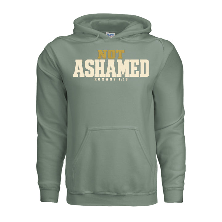Not Ashamed Hoodie in Sage, front with gold and ivory Romans 1:16 design by Stone &amp; Sling