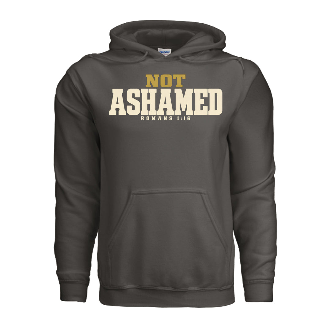 Not Ashamed Hoodie in Smoke, front with gold and ivory Romans 1:16 design by Stone &amp; Sling