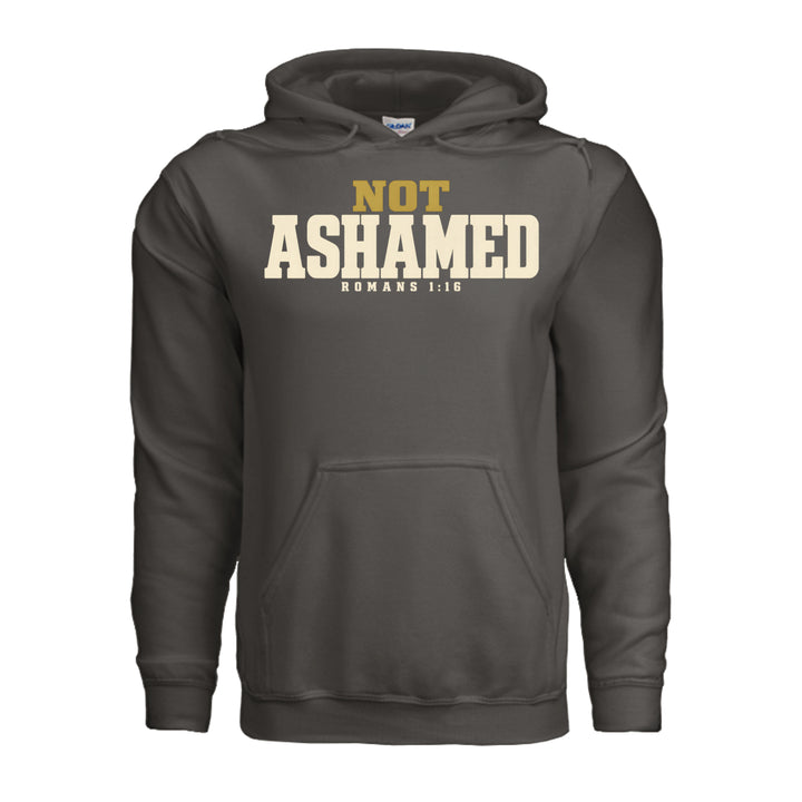 Not Ashamed Hoodie in Smoke, front with gold and ivory Romans 1:16 design by Stone &amp; Sling