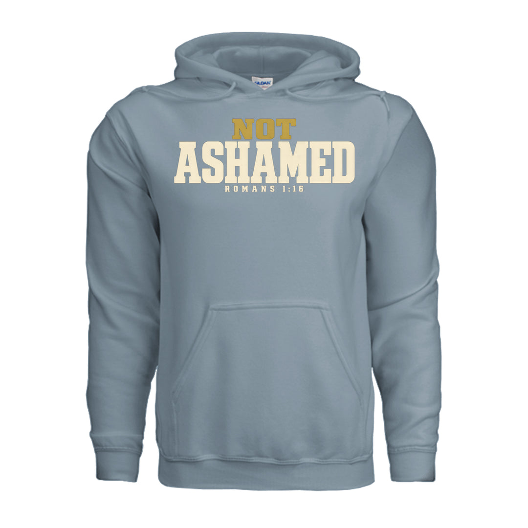 Not Ashamed Hoodie in Stone Blue, front with gold and ivory Romans 1:16 design by Stone &amp; Sling