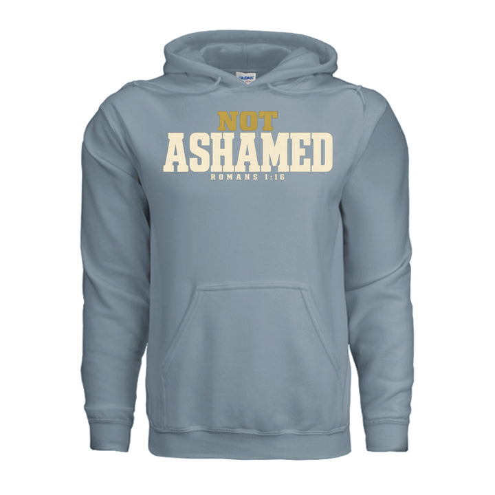 Not Ashamed Hoodie in Stone Blue, front with gold and ivory Romans 1:16 design by Stone &amp; Sling