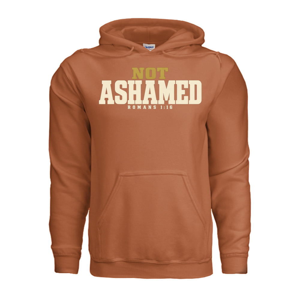 Not Ashamed Hoodie in Texas Orange, front with gold and ivory Romans 1:16 design by Stone & Sling