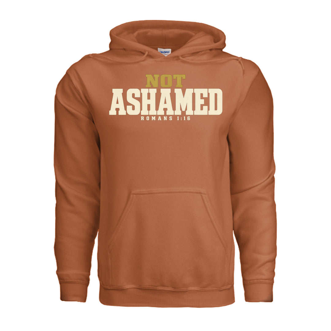 Not Ashamed Hoodie in Texas Orange, front with gold and ivory Romans 1:16 design by Stone &amp; Sling