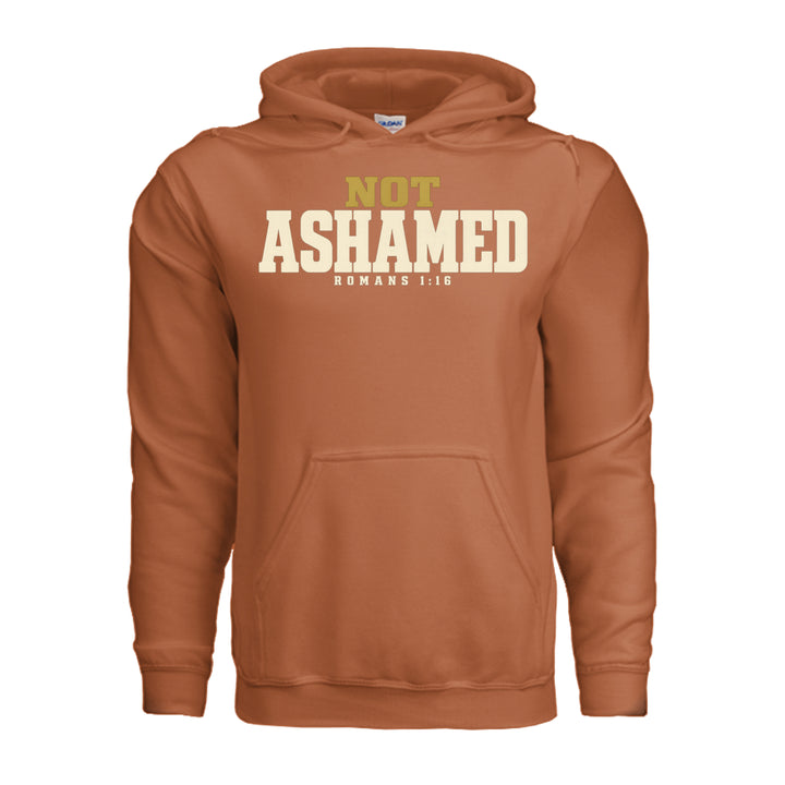 Not Ashamed Hoodie in Texas Orange, front with gold and ivory Romans 1:16 design by Stone &amp; Sling