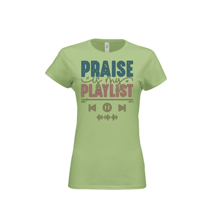 Praise Is My Playlist Fitted Tee in Pistachio – front graphic