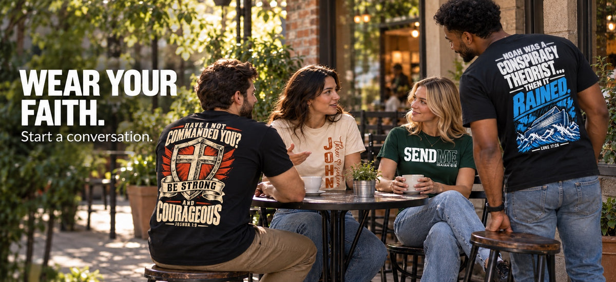 Friends wearing Stone & Sling Scripture tees at an outdoor café — Wear your faith. Start a conversation.
